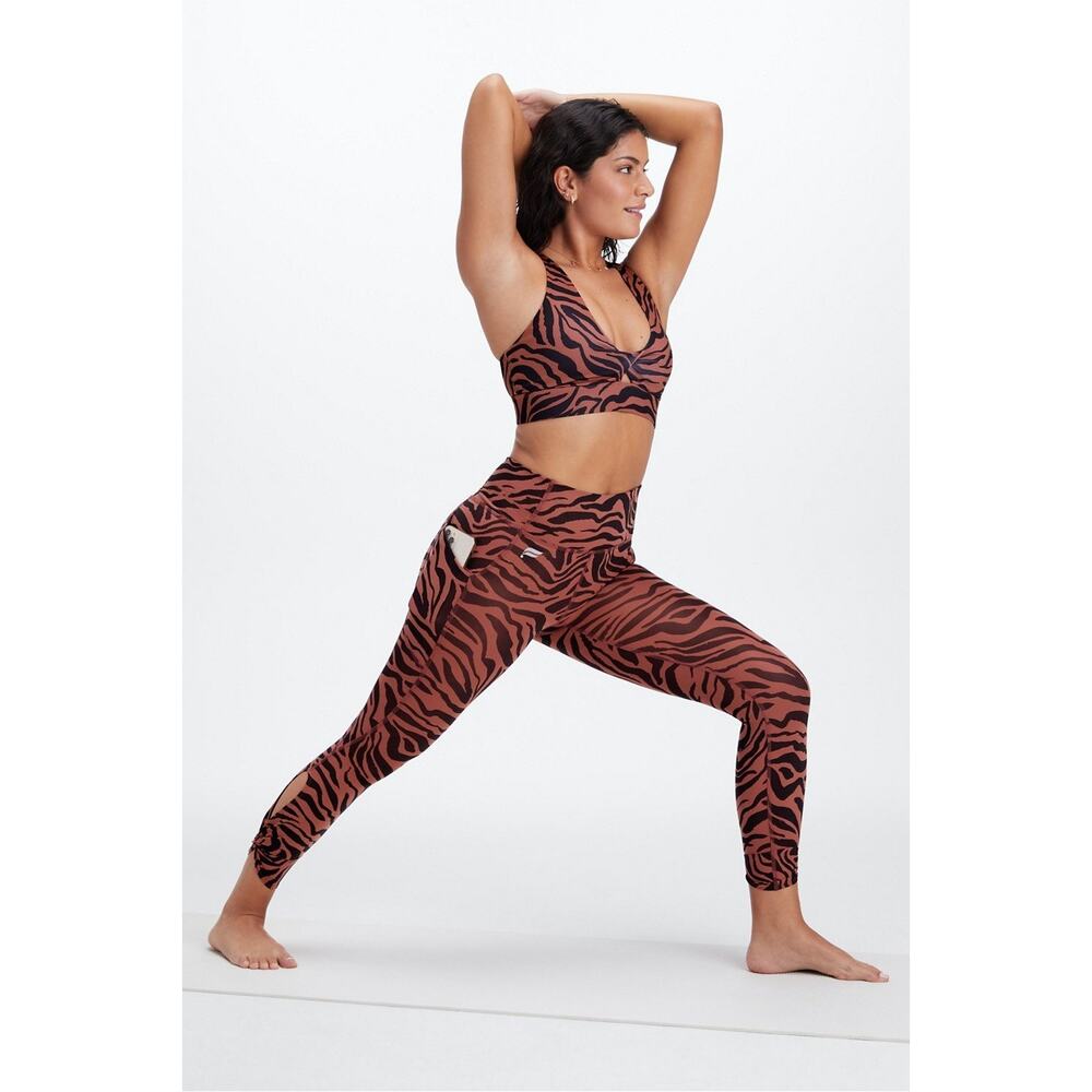 Fabletics Mahogany Zebra Oasis Bra & PureLuxe 7/8 Leggings Set Size Small Brown